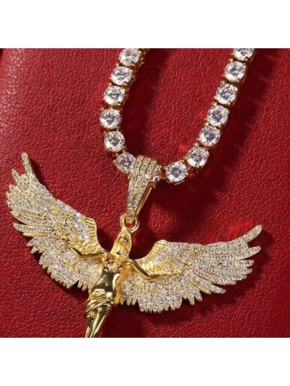 Gold Angel Pendant with Tennis Necklace | 18” or 20” | Iced Out Statement Chain